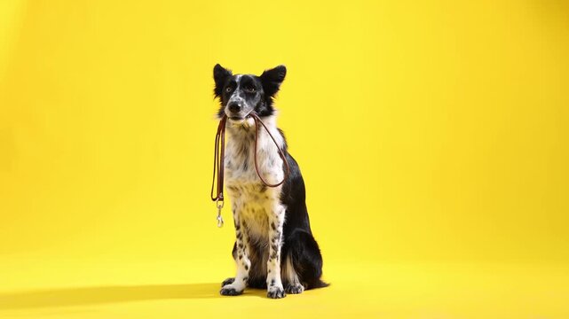 Cute Border Collie dog holding leash in mouth against yellow background