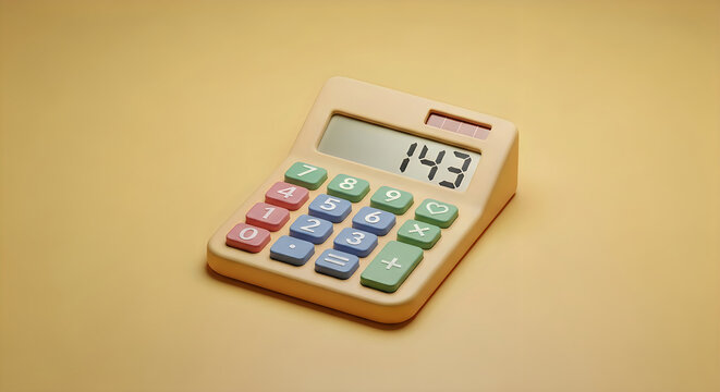 A colorful calculator with buttons and a digital display on a yellow surface, showing the number 143