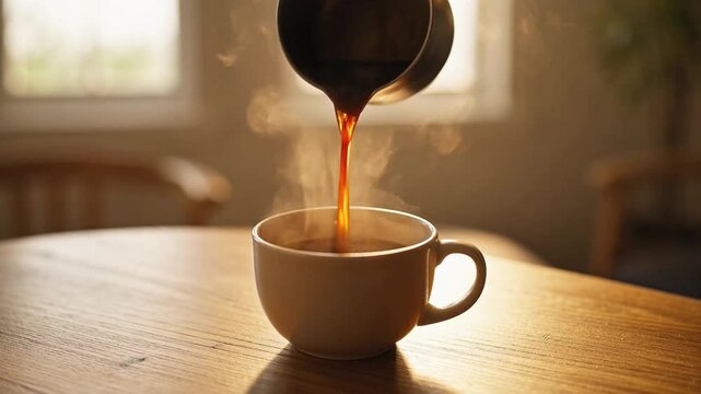 Pouring Hot Coffee Into A Cup In A Cozy Kitchen Morning.
