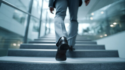 Fototapeta premium The business person is walking up the stairs, symbolizing career advancement.