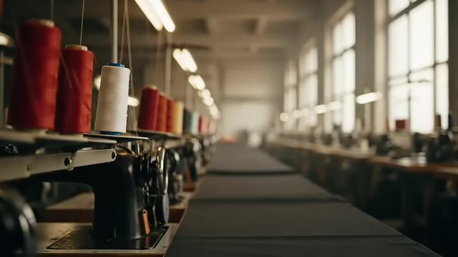 Rows of sewing machines in a brightly lit textile factory, focusing on spools of red thread