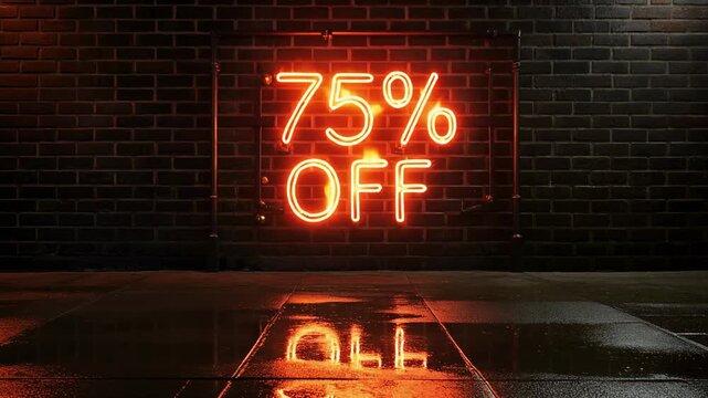 Glowing 75 percent off neon sign turning on against a dark brick wall with wet street reflection