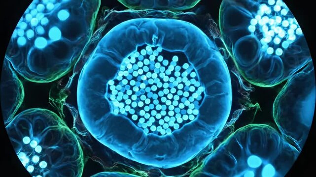 Microscopic view of cells with blue nuclei and green membranes.