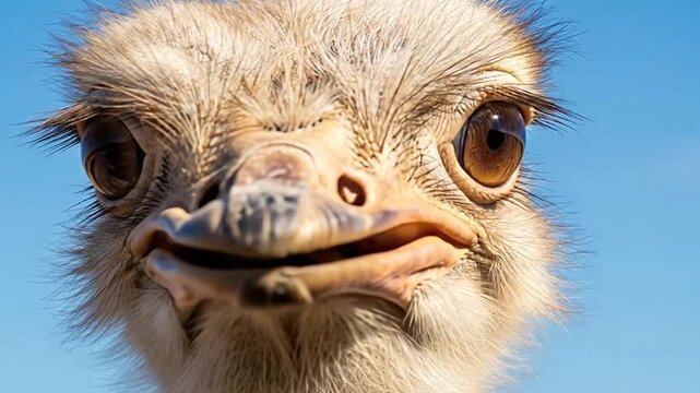 Close-up of a curious ostrich with a funny expression looking directly at the camera under a clear blue sky, unique wildlife portrait.