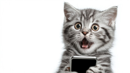 Smartphone shocked meme cat with copy space on white background  cat-meme_1254