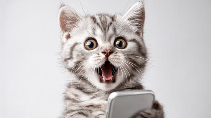 Smartphone shocked meme cat with copy space on studio background  cat-meme_1255