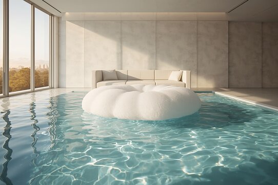 Modern indoor pool with white inflatable furniture and minimalist interior design