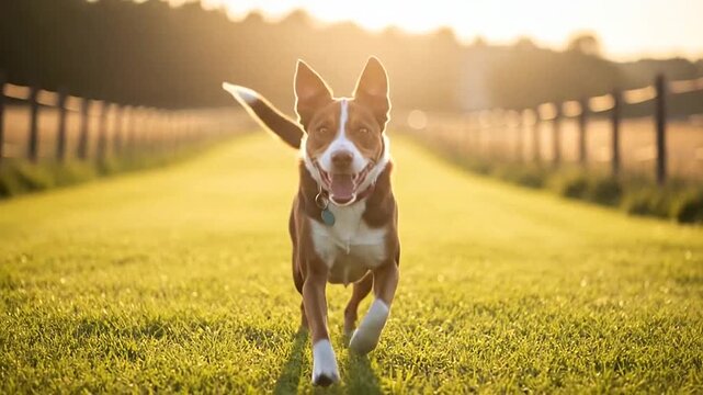 Energetic happy dog running directly towards the camera on a grassy path during golden hour, playful outdoor pet.