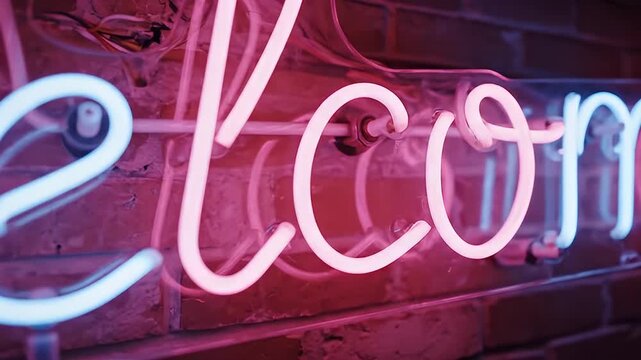 A neon welcome sign mounted on a brick wall in a video