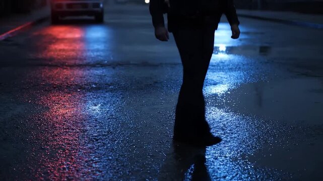 The long, stretching shadow of a generic police officer walking across wet, gritty asphalt. The pavement is illuminated by alternating red and blue emergency lights. Puddles reflect the sirens. 