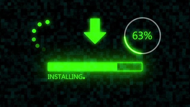 INSTALLING  Upload Progress Bar 0 to 100%  with Green Glowing Download Arrow and Percentage Indicator