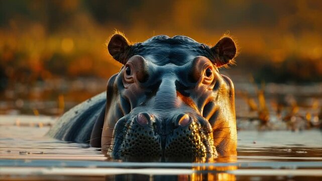 A close-up of a hippo in water, its dark hide reflecting golden sunlight