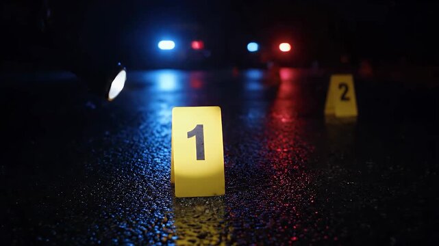 A detective's flashlight beam slowly sweeps over a series of yellow numbered evidence markers on wet asphalt. Rhythmic red and blue siren flashes. Sharp focus on the markers