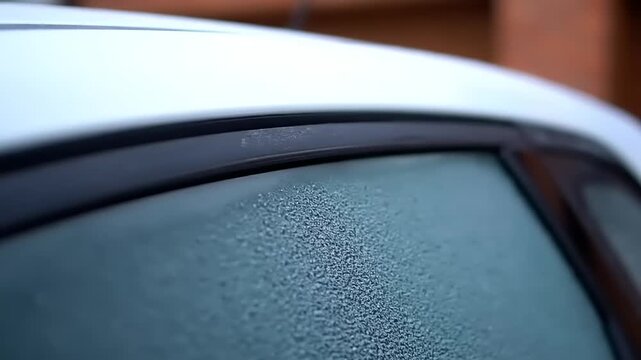 of moisture crystallized on vehicle side window in cold weather