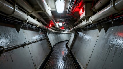 Gritty industrial corridor with overhead pipes and red illumination