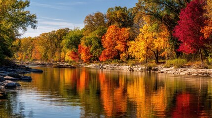 Serene Autumn Reflections Along the Calm Riverbank Surrounded by Vibrant Fall Foliage in Shades of Orange, Yellow, and Red Against a Clear Blue Sky