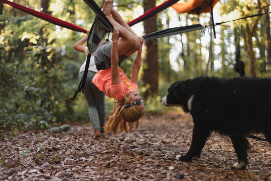 Child in hammock playing with dog 