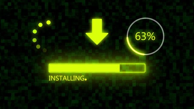 INSTALLING  Upload Progress Bar 0 to 100%  with Yellow  Glowing Download Arrow and Percentage Indicator