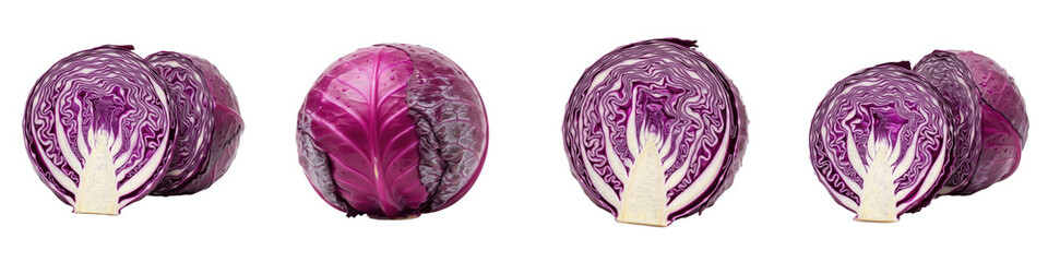 Obraz premium Fresh Red Cabbage Set Isolated on White Background Collection of Whole Purple Cabbage and Cross Section Halves for Healthy Food and Organic Vegetable Concept