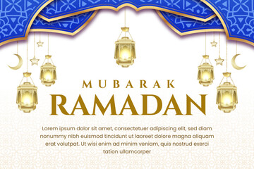 Ramadan Mubarak Islamic Greeting Card Template with Elegant Gold Lantern and Green Ornamental Pattern