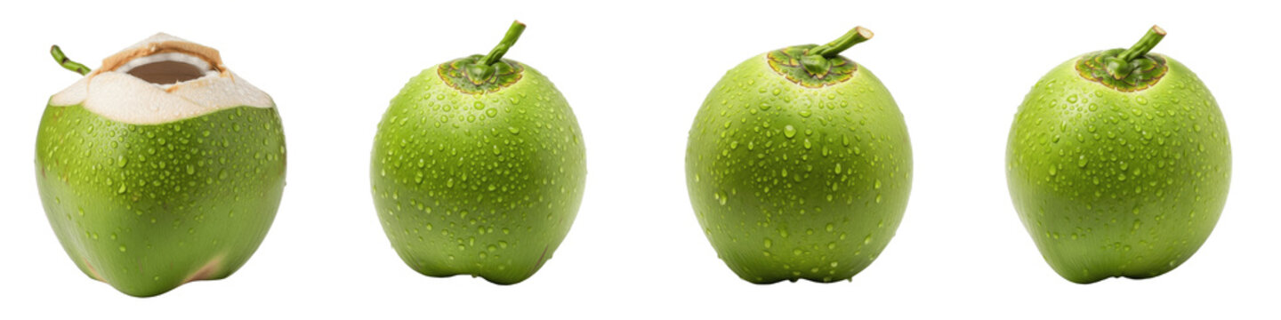 Fresh Green Coconut Collection Isolated on White Background Including Whole Young Coconuts and Opened Fruit with Water for Tropical Refreshment and Healthy Drink Concept