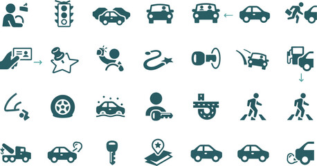 Car driving and related icons: driving license, accident, flat tire, car wash, key, tow truck, gas station, driving test, and traffic signs. © king
