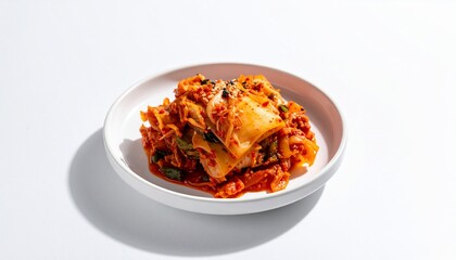 Traditional Korean kimchi in white ceramic bowl on white background