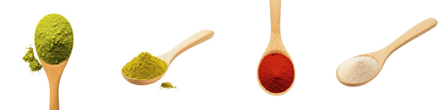 Colorful Spice Powder Selection Isolated on White Background Including Matcha Green Tea Chili and Turmeric in Wooden Spoons for Cooking Ingredient and Health Concept