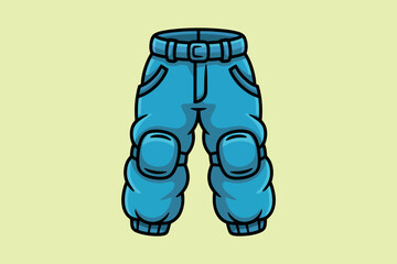 A cartoon illustration of blue pants with knee pads on a pale yellow background