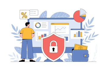 Obraz premium A man stands in front of a computer screen with a shield and lock symbolizing financial data security and protection.