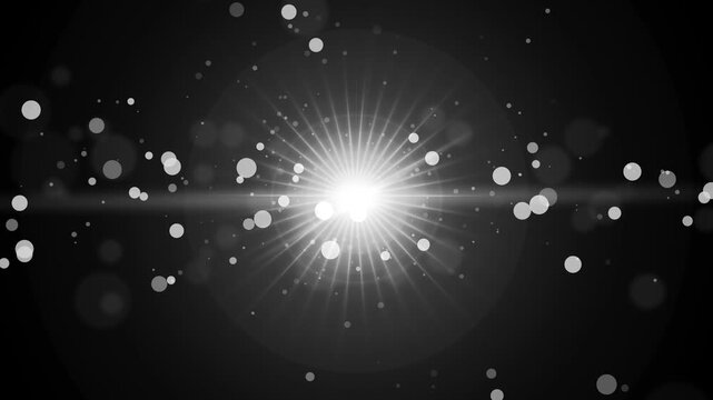 Bright light burst with bokeh particles on dark background animation, radial lens flare and horizontal streak, vibrant luminous effect