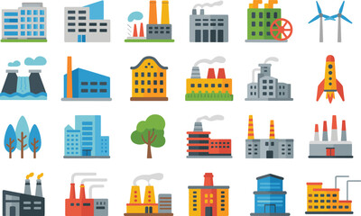 Industrial buildings, factories, power plants, wind turbines and urban architecture flat vector illustration icon collection set