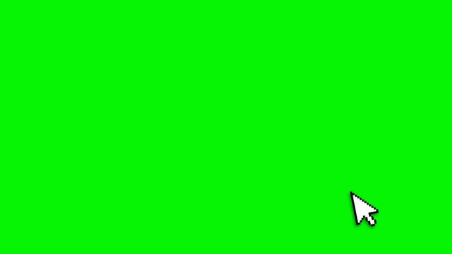 Classic white pixelated computer mouse pointer arrow icon hovering over vibrant green screen background signifying digital interaction or selection 4K