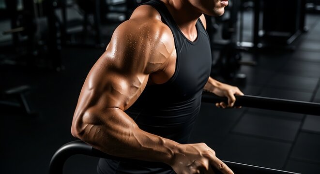 Muscular man with prominent veins performing dips in a dark, modern gym setting