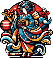 High-Quality Graphic of a Happy Japanese Lady in a Beautiful Red and Gold Kimono, Suitable for Travel, Restaurant, or Festival Promotion