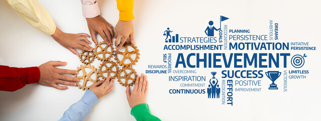 Obraz premium A group of diverse hands works together to assemble gears, symbolizing collaboration and the achievement of success through motivation, teamwork, and continuous improvement. Amity