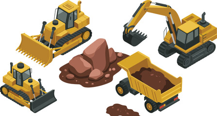 Isometric construction machinery set with bulldozer, excavator, dump truck and rocks for heavy equipment industry vector illustration © SreeRupali