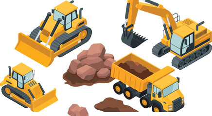 Isometric heavy construction vehicles set with bulldozer, excavator, dump truck and rocks for mining industry vector illustration © SreeRupali