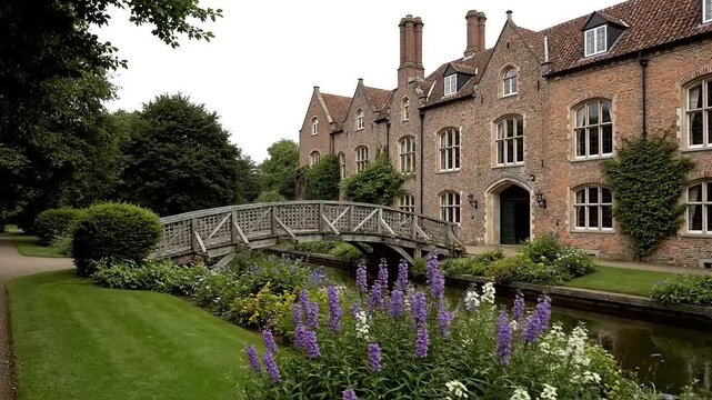 Historic brick structure overlooks manicured garden with wooden footbridge over narrow water channel