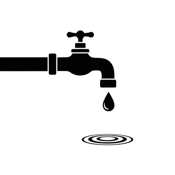 Simple black silhouette of a water faucet with a dripping drop