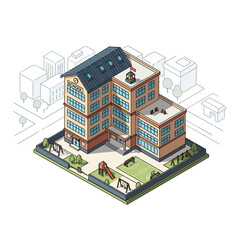 Isometric illustration of a detailed multi story building with a playground