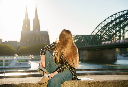 Young Woman Sunset Near Cathedral