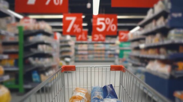 POV pushing a shopping cart through a supermarket aisle with blurred red discount sale signs