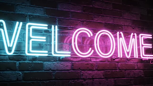 A vibrant neon welcome sign on a brick wall with fireworks