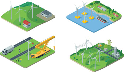Isometric wind energy infrastructure with offshore turbines, onshore farm, power lines and maintenance crane vector illustration