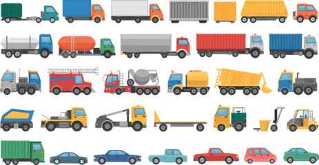 Large commercial vehicles collection with trucks, trailers, construction machinery and passenger cars vector illustration set isolated © Vector's World
