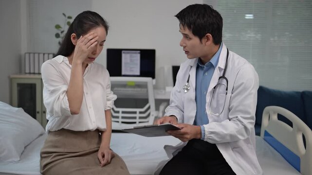 Doctor comforting patient suffering from headache in hospital room