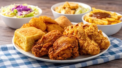 Delicious Southern Comfort Food Plate Featuring Crispy Fried Chicken, Biscuits, Fried Potatoes, Coleslaw, Gravy, and French Fries on a Wooden Table