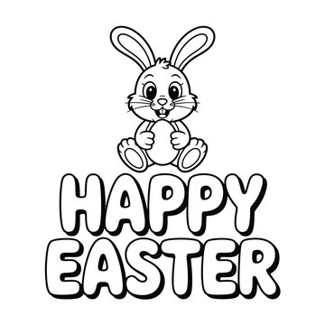 A cute cartoon bunny sits above the words "Happy Easter" in bold, bubbly letters.