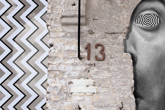 Collage art with a brick wall and face of a man